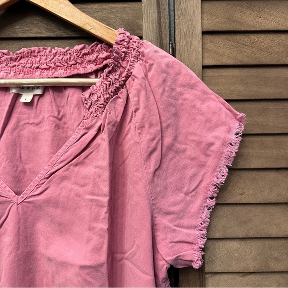 Relaxed Old Rose Plain Boho Neutral Chic Cuffed Sleeve‎ Smocked Blouse Sz L - Picture 6 of 11